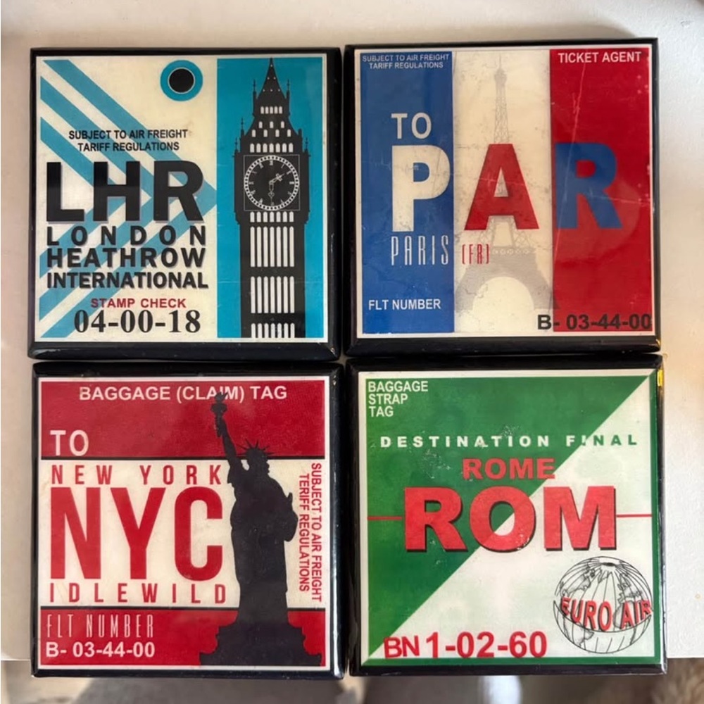 Set of 4 Vintage Travel Luggage Tag Coasters - London Paris NYC Rome